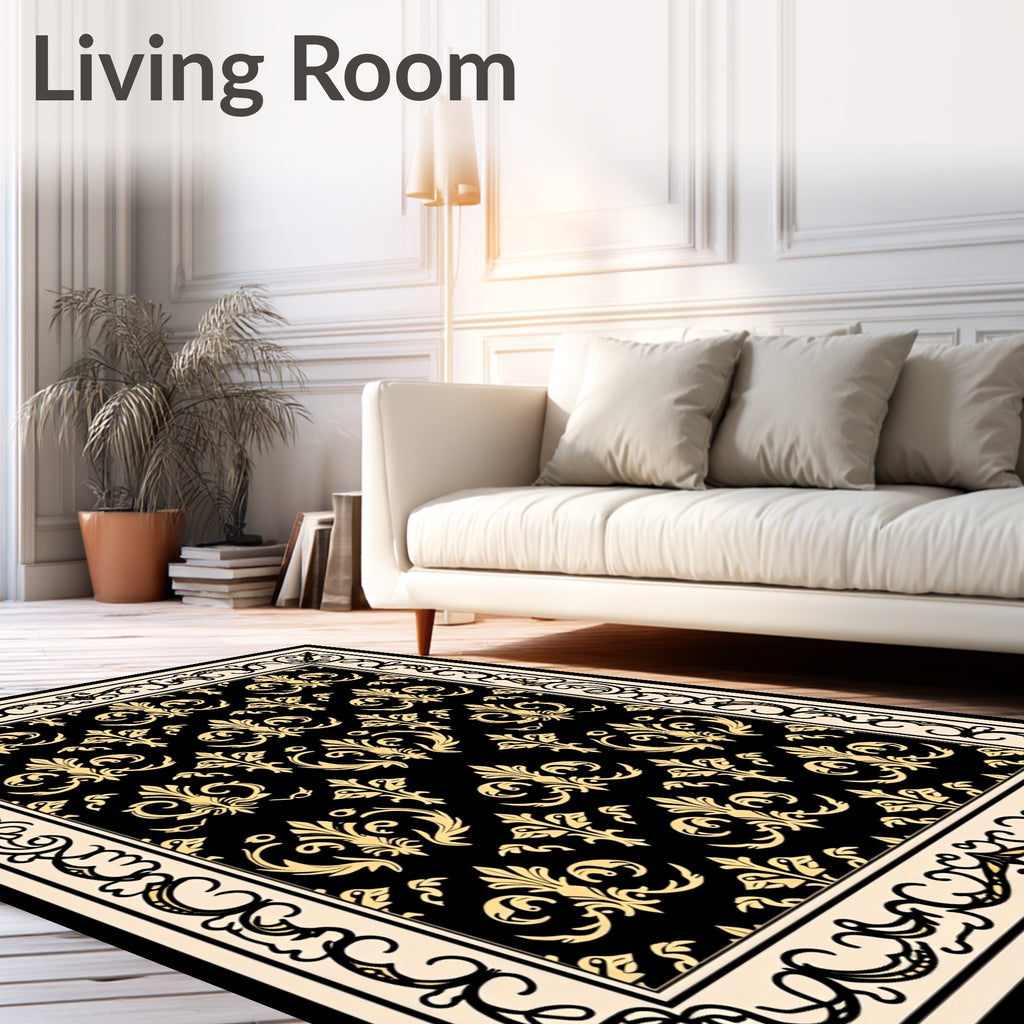 Black Gold Baroque Scroll Pattern Rug