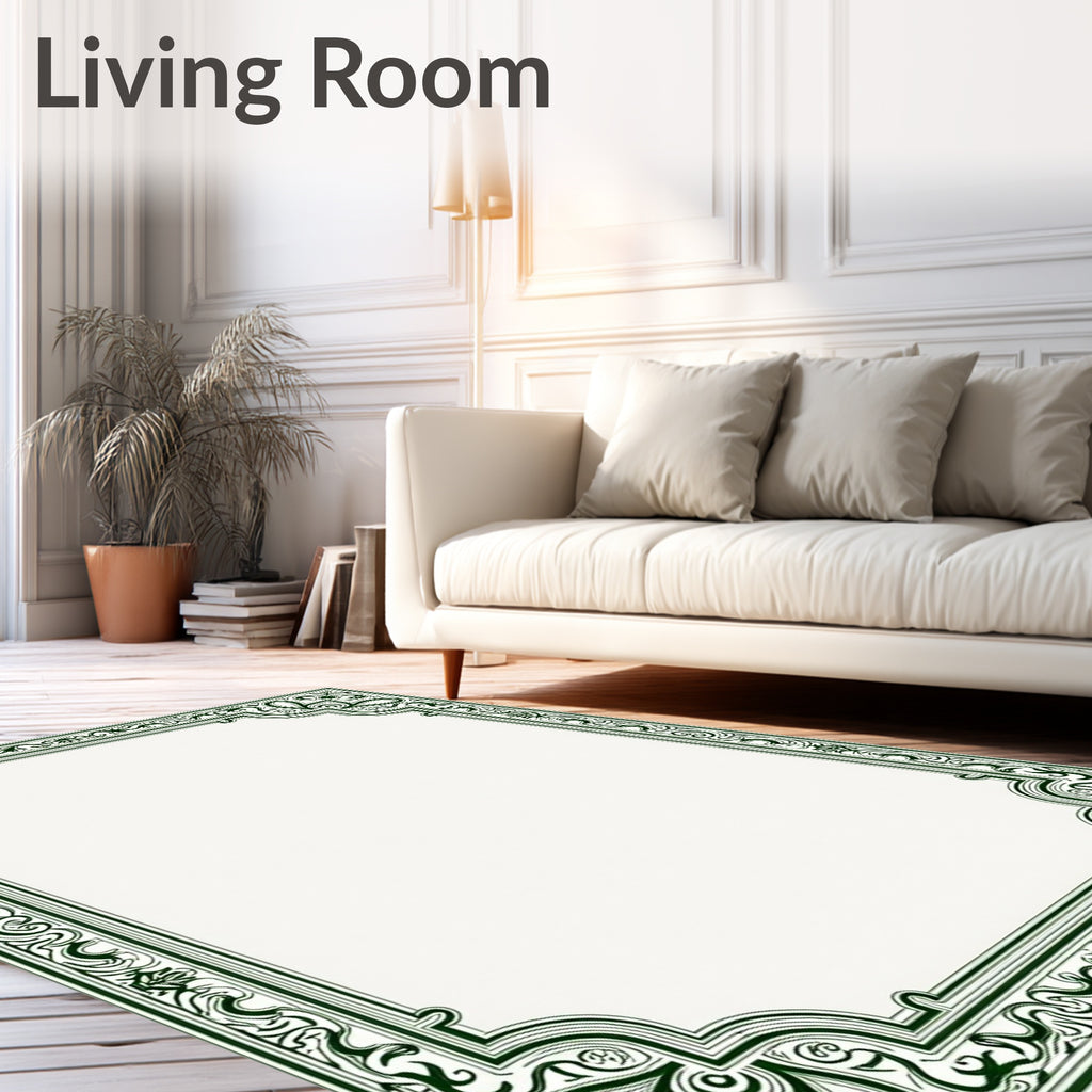 Ornate Green Floral Border Design Rug
