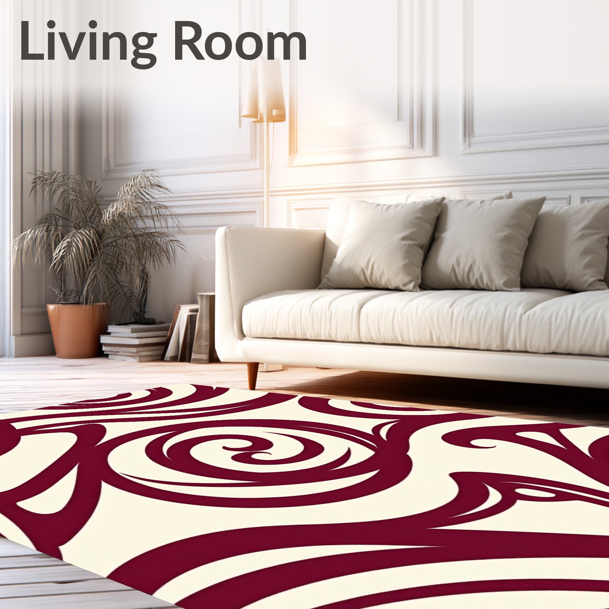 Deep Red Swirls on Cream Canvas Rug