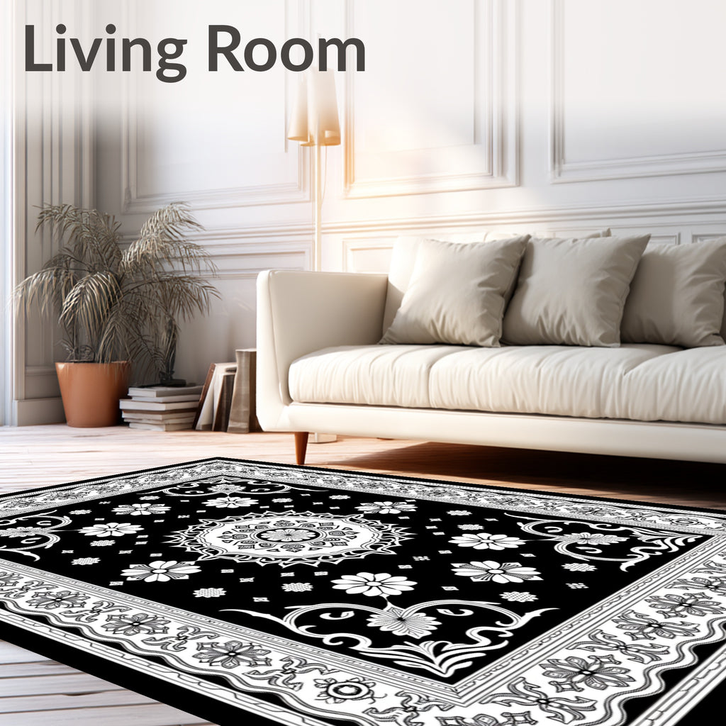 Intricate Floral Mandala Black and White Rug