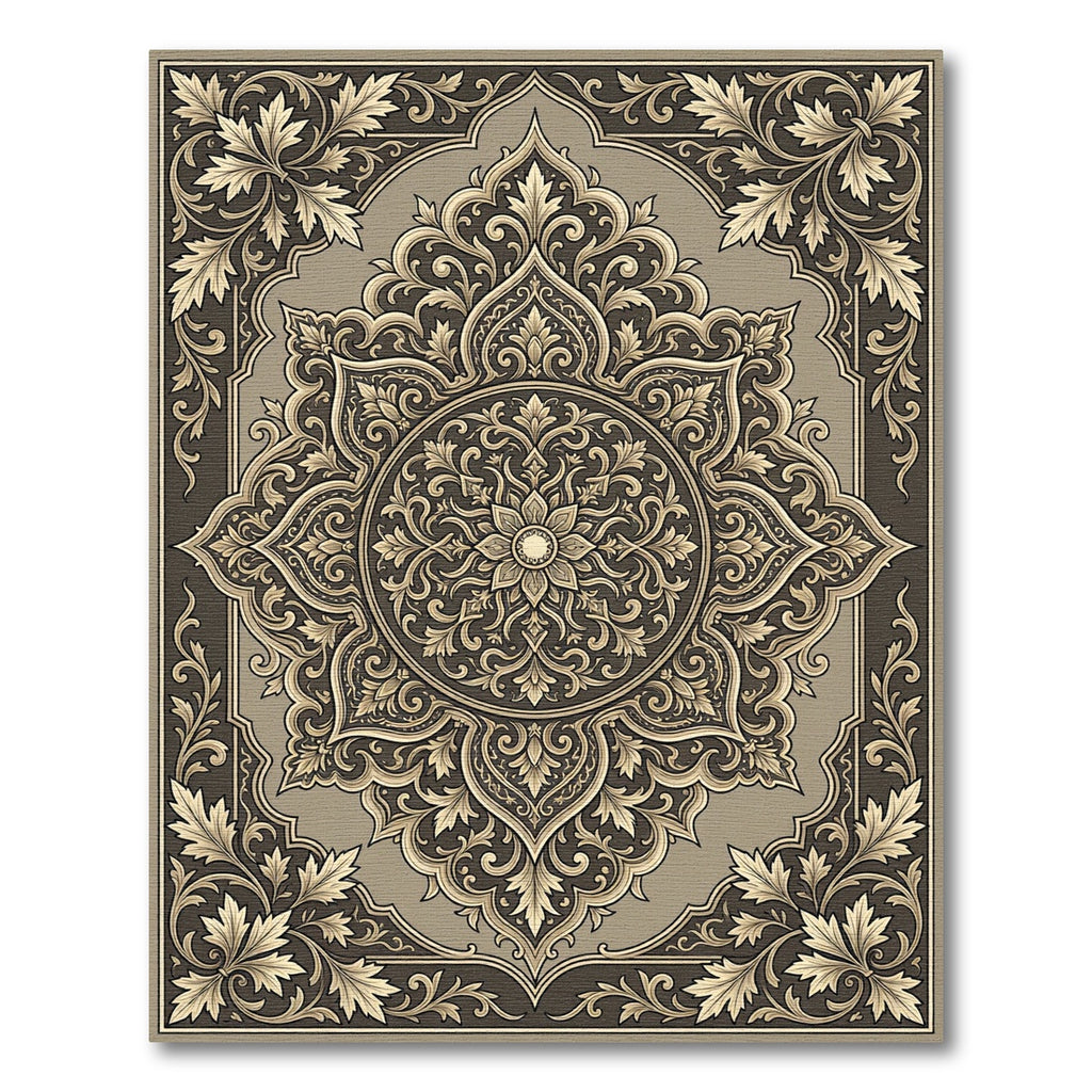 Ornate Golden Leaf Medallion Rug