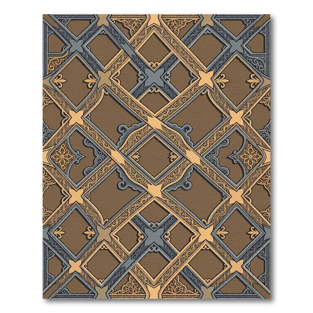 Ornate Brown Gold Blue Lattice Rug