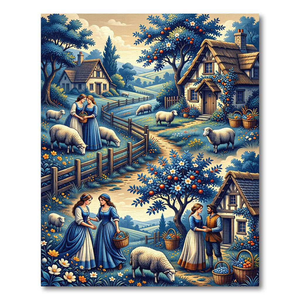 Pastoral Blue Cottage Sheep Farm Scene Rug