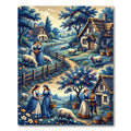 Pastoral Blue Cottage Sheep Farm Scene Rug