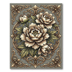Elegant Gold Floral Peony Frame Rug