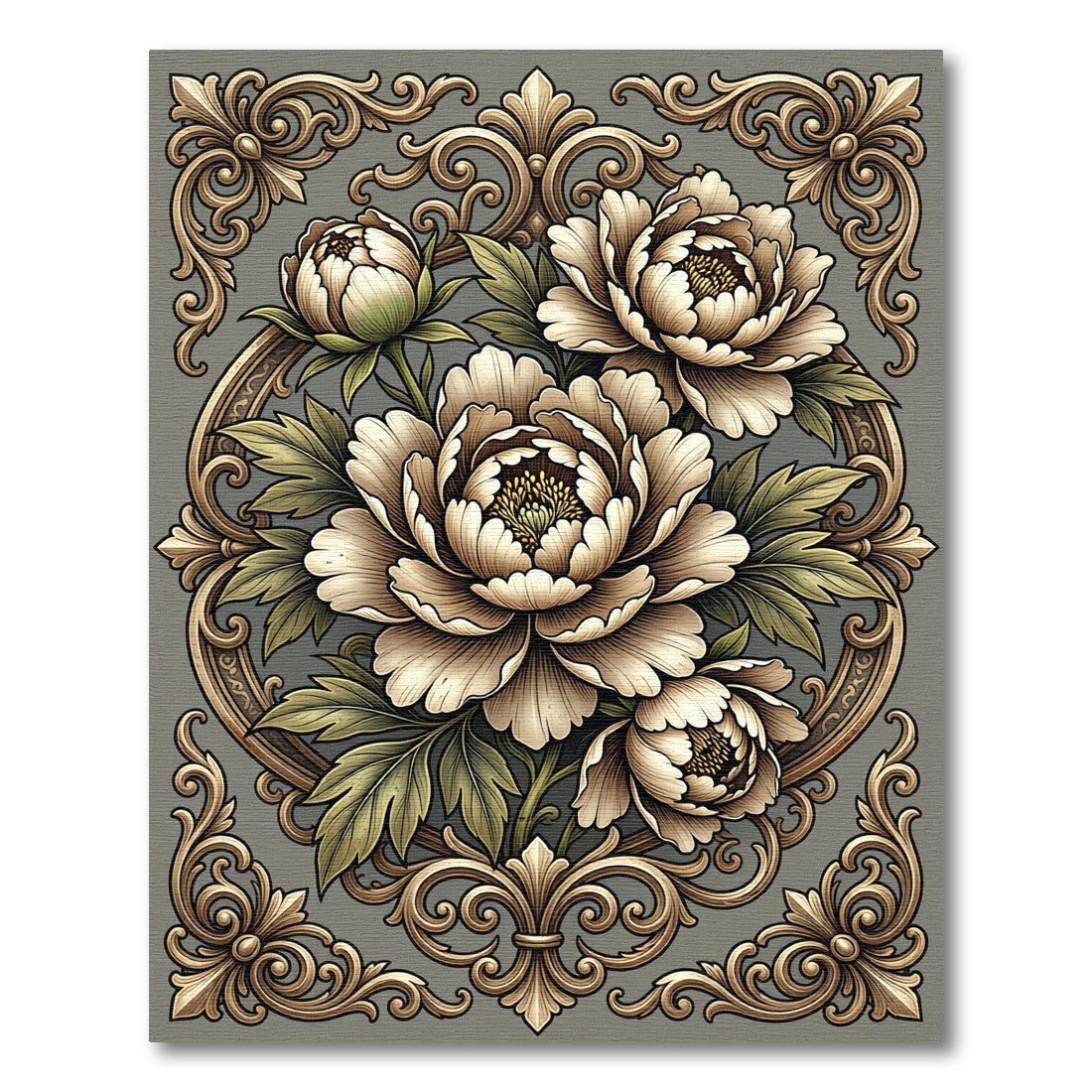 Elegant Gold Floral Peony Frame Rug