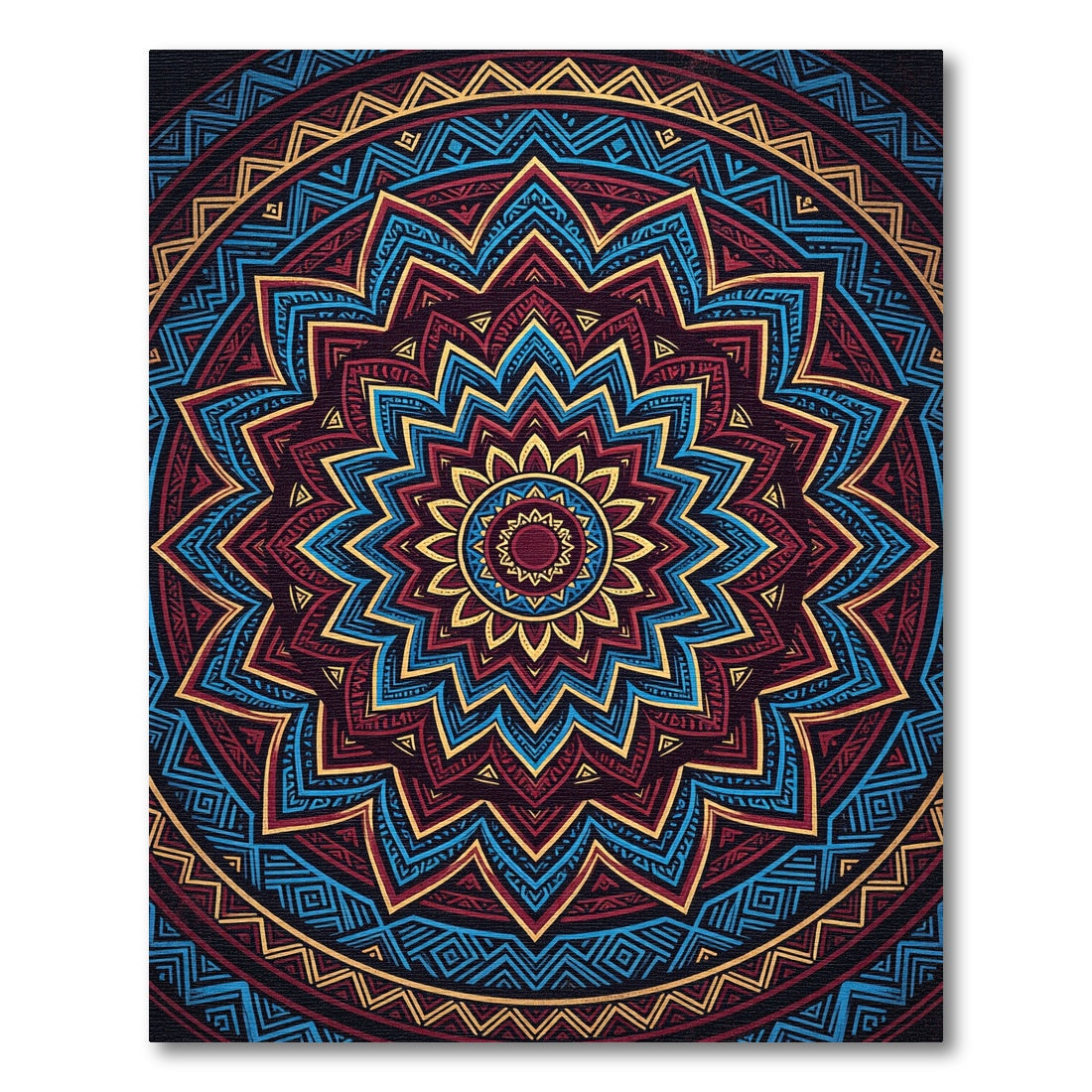 Maroon Blue Gold Sunburst Mandala Rug