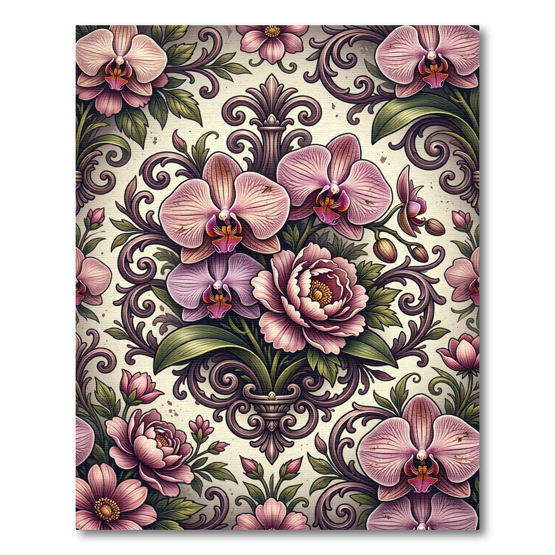 Ornate Romantic Orchid and Peony Scroll Rug