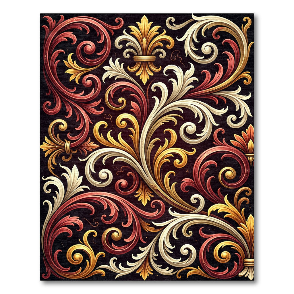 Elegant Ornate Golden Crimson Scrollwork Rug