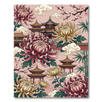 Asian Pagoda Chrysanthemum Garden Scene Rug