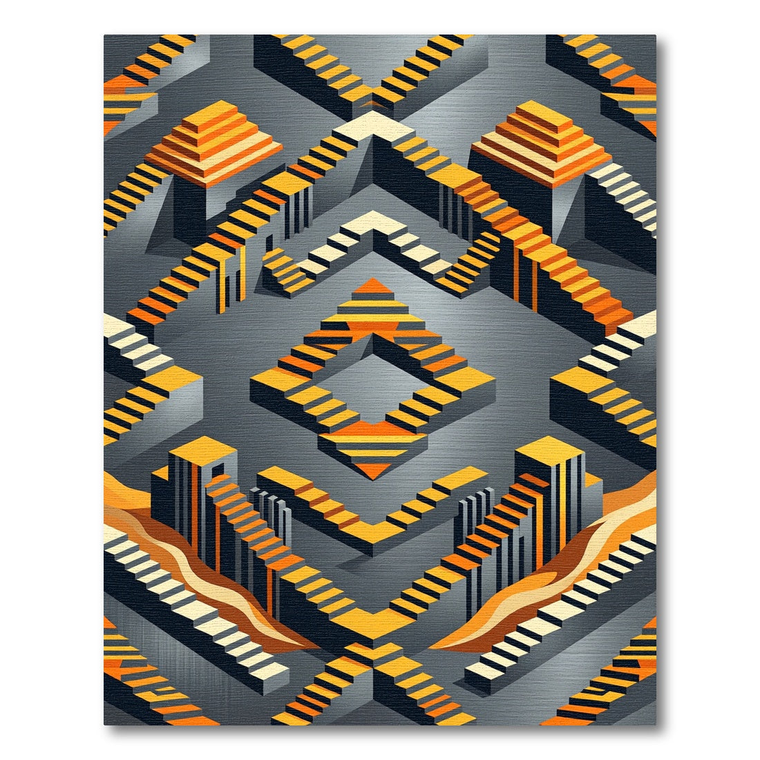 Orange Gray Abstract Geometric Steps Rug