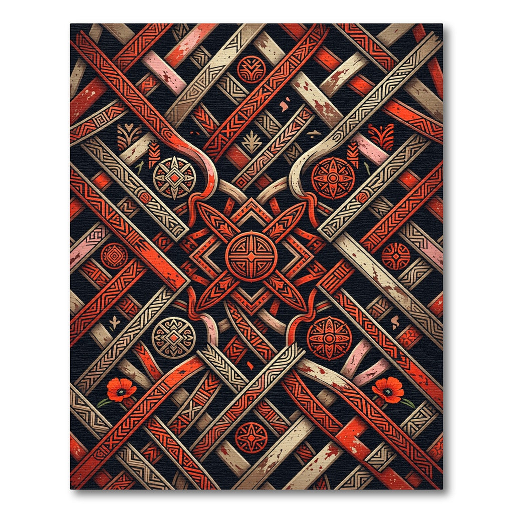 Geometric Crimson Woven Interlocking Lattice Rug
