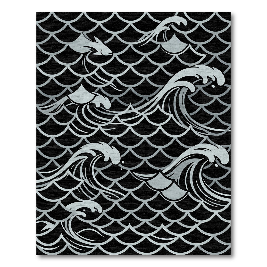 Silver Fish Waves on Black Background Rug