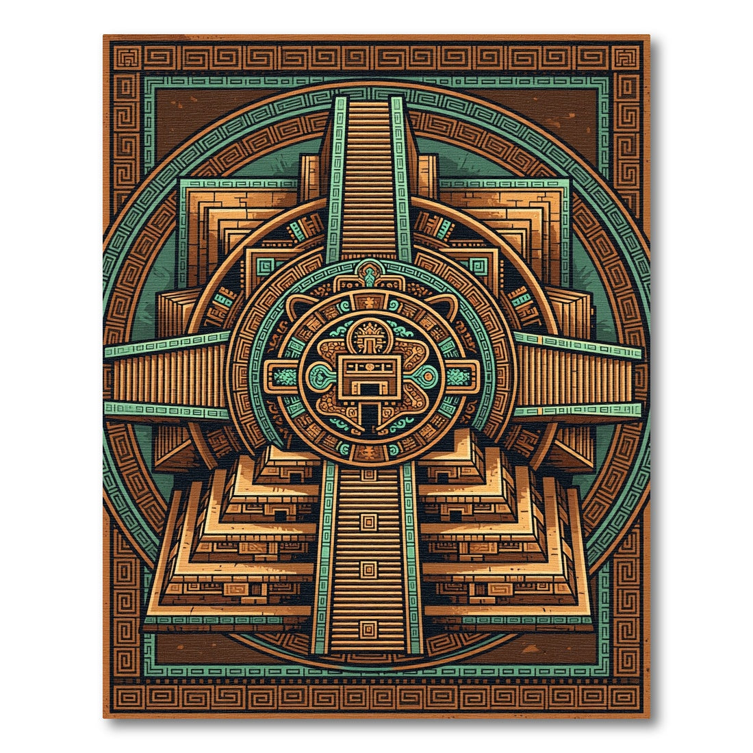 Ancient Aztec Sun Step Temple Art Rug