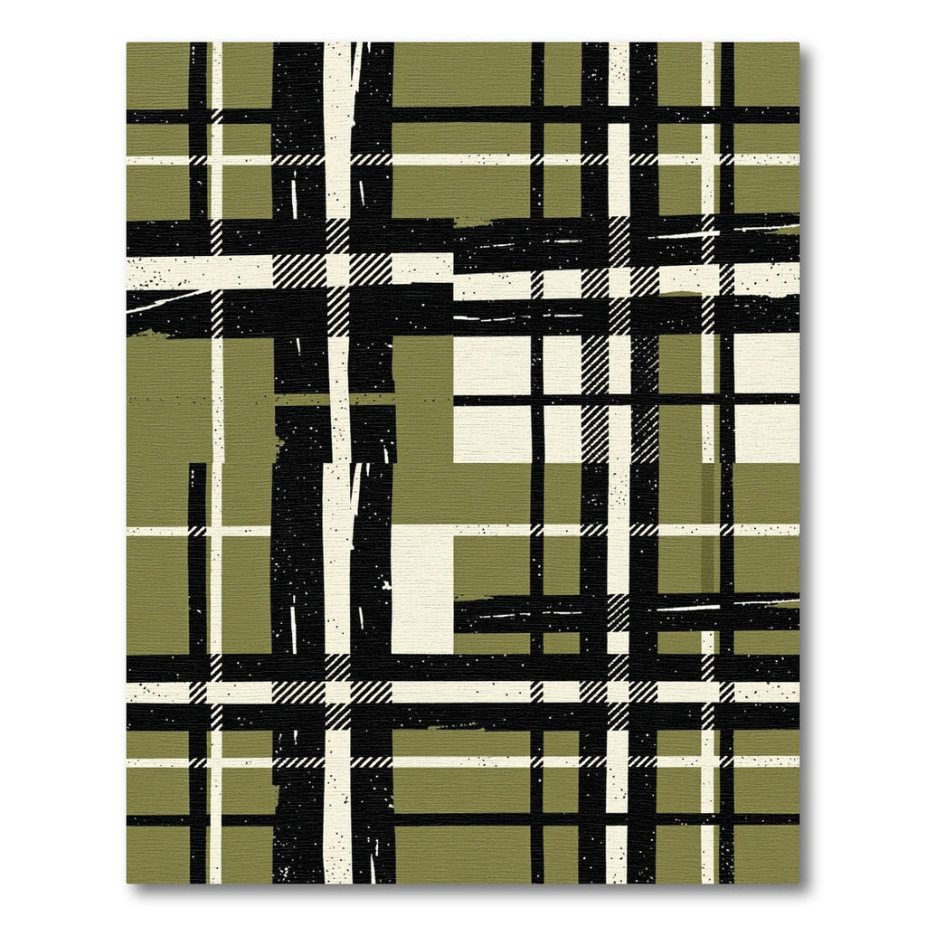 Olive and Black Distressed Plaid Grid Rug