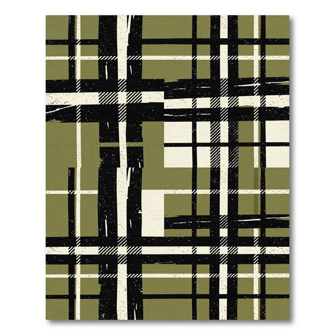 Olive and Black Distressed Plaid Grid Rug
