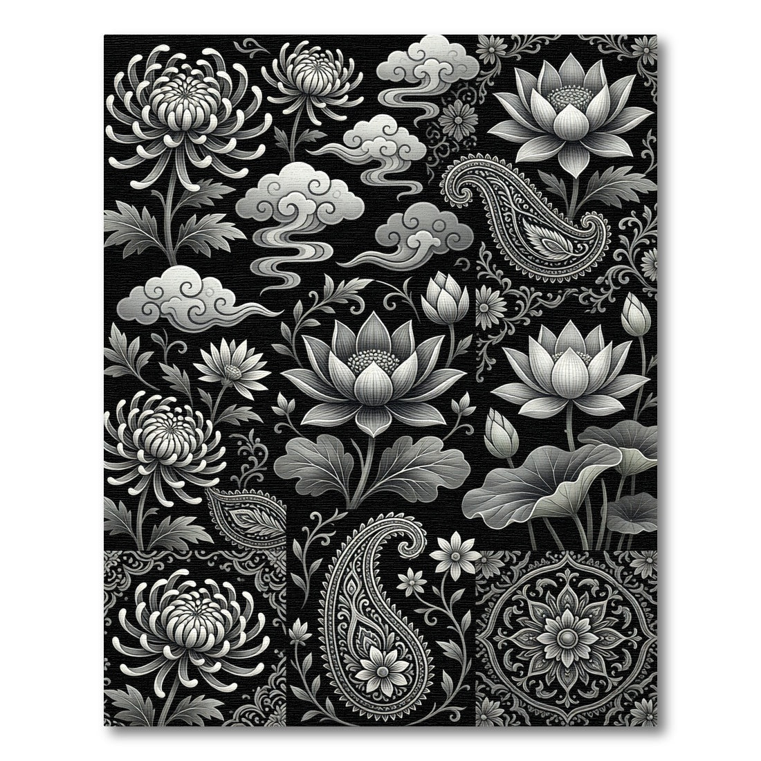 Monochromatic Floral Paisley Cloud Collage Rug
