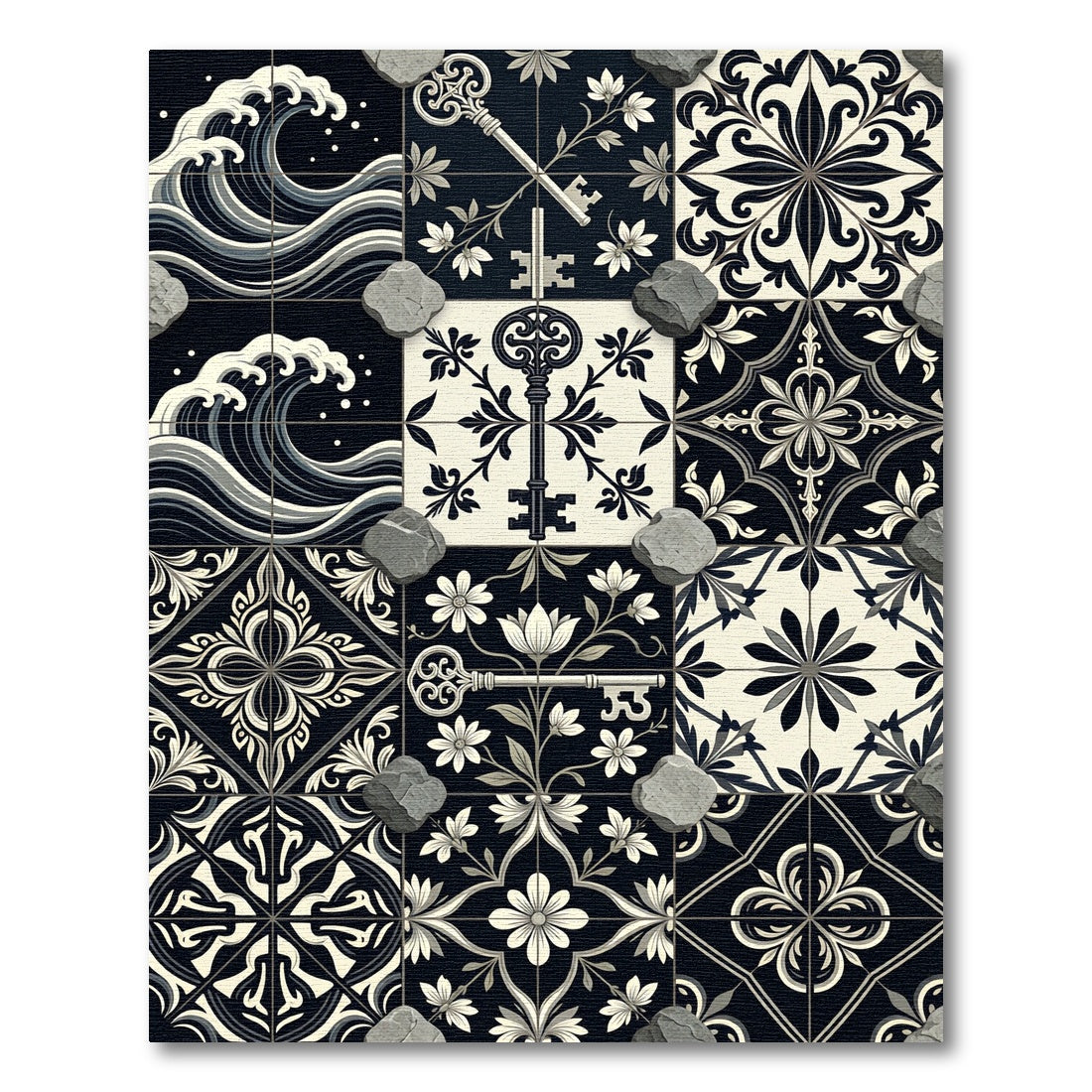 Black Cream Vintage Key Floral Tiles Rug