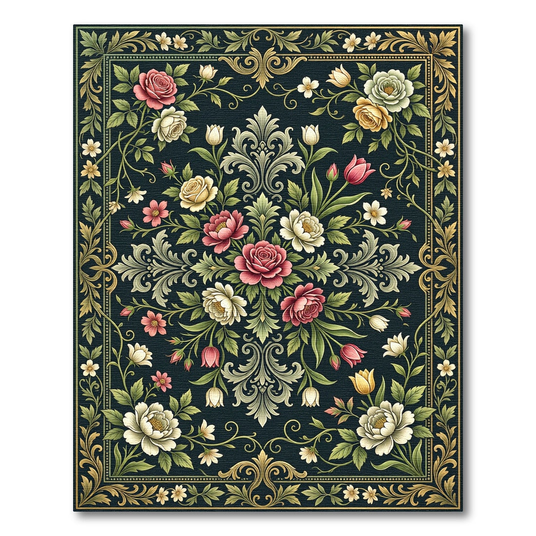 Dark Floral Bouquet Victorian Medallion Rug