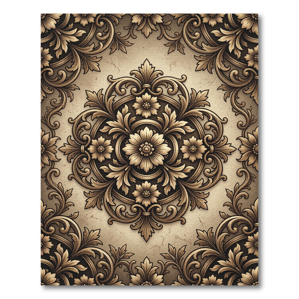 Intricate Bronze Floral Damask Medallion Rug