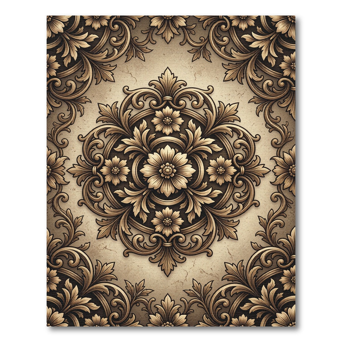 Intricate Bronze Floral Damask Medallion Rug