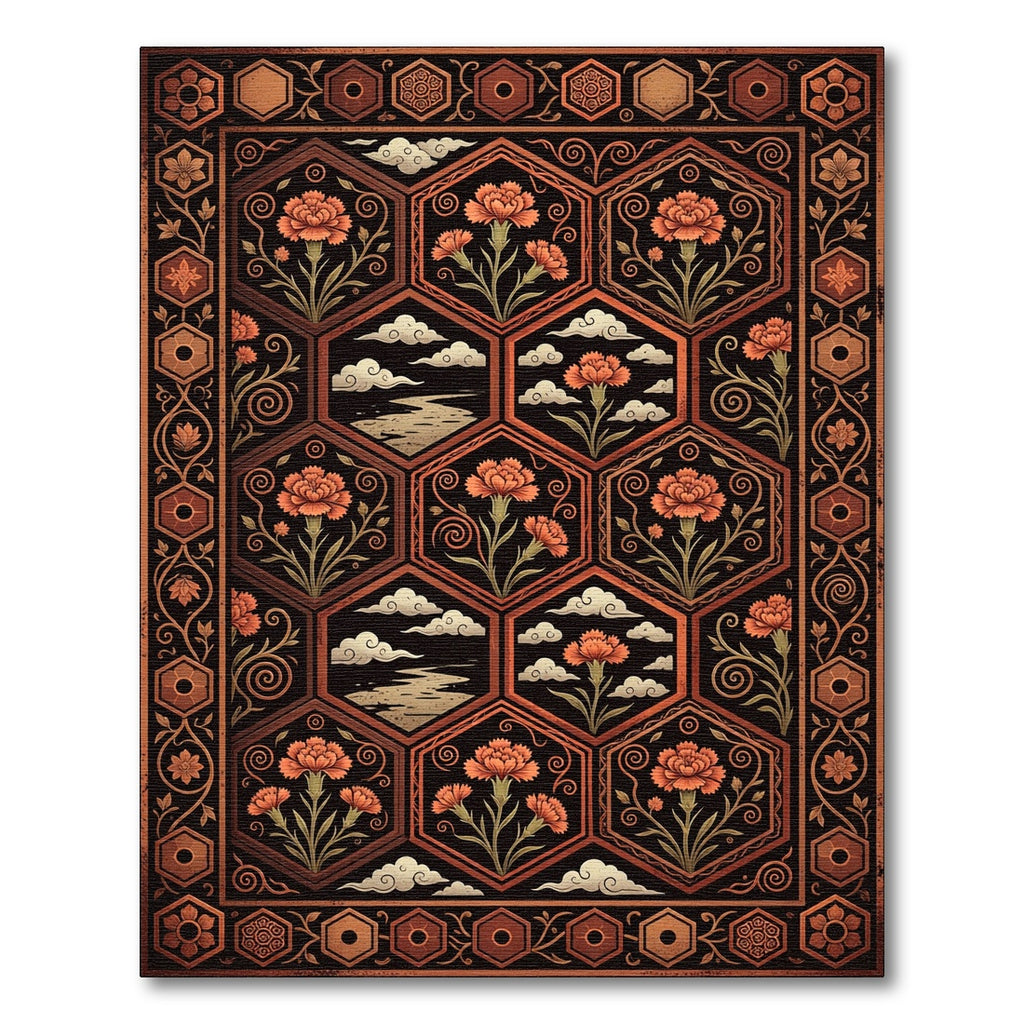 Terracotta Hexagonal Floral Cloud Tapestry Rug