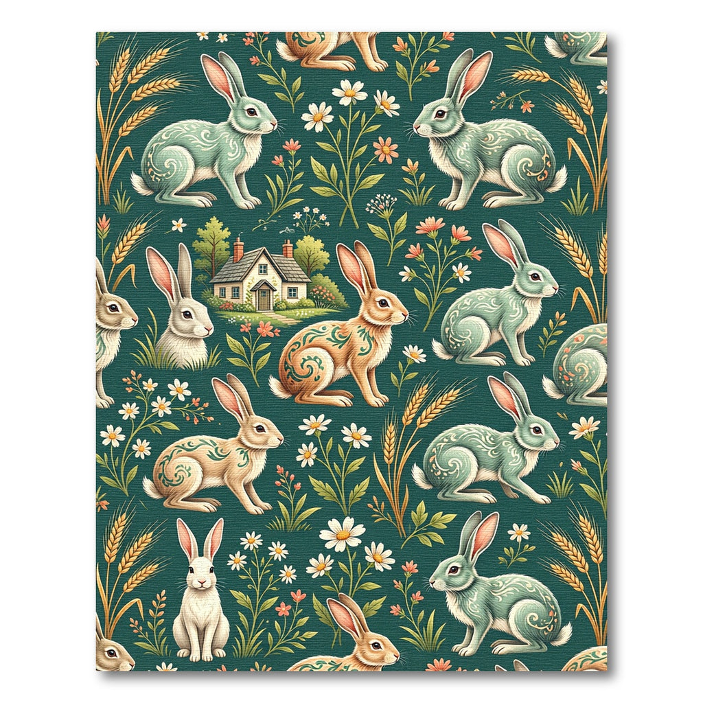 Whimsical Sage Green Folk Rabbit Meadow Rug