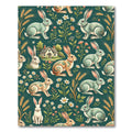 Whimsical Sage Green Folk Rabbit Meadow Rug