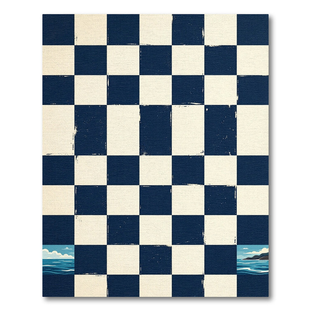 Navy and Cream Coastal Checkerboard Landscape Rug