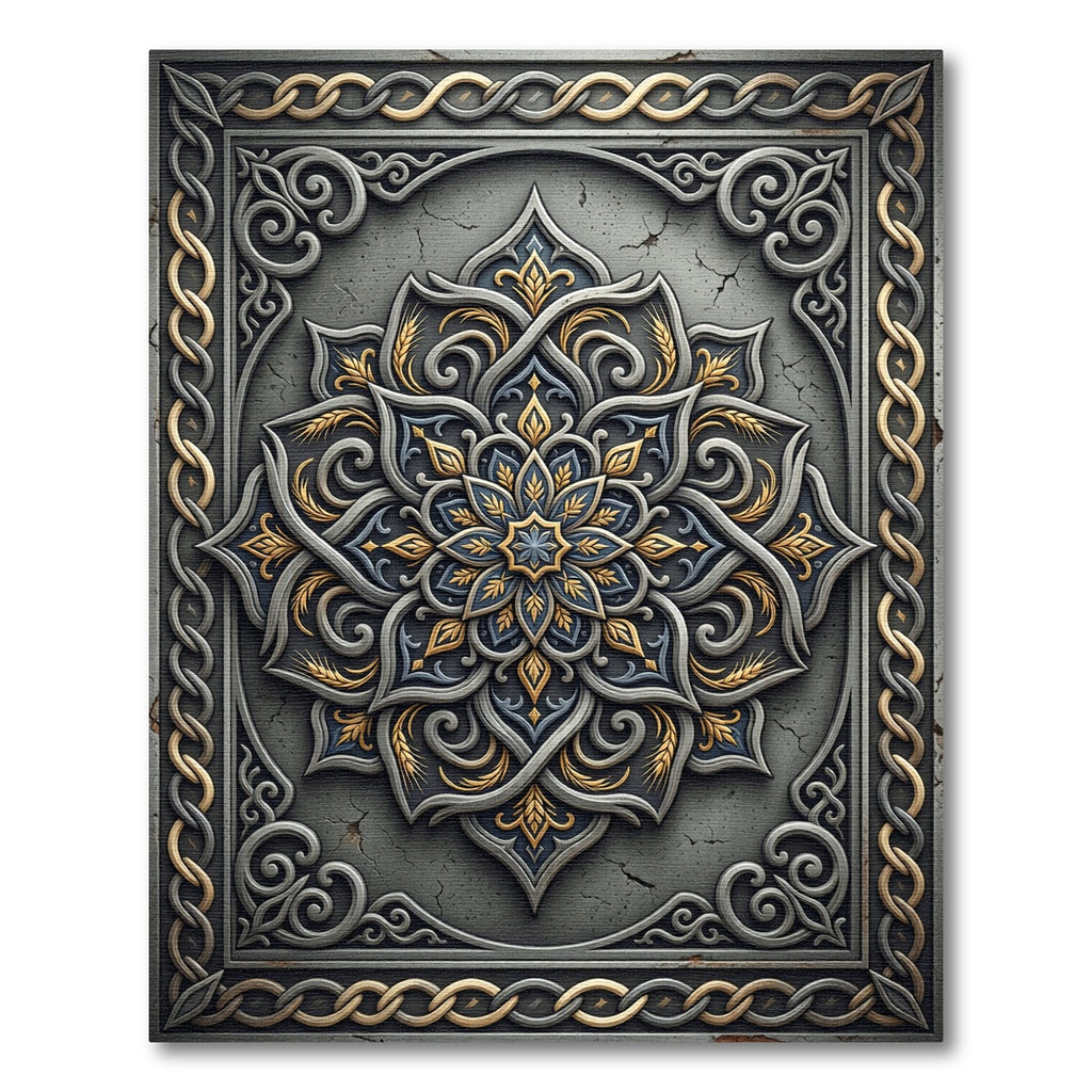 Ornate Silver Gold Filigree Medallion Rug