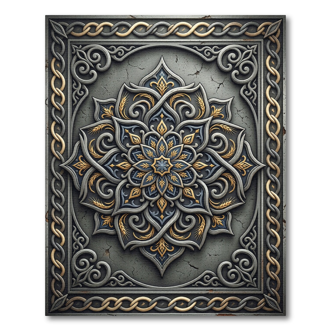Ornate Silver Gold Filigree Medallion Rug