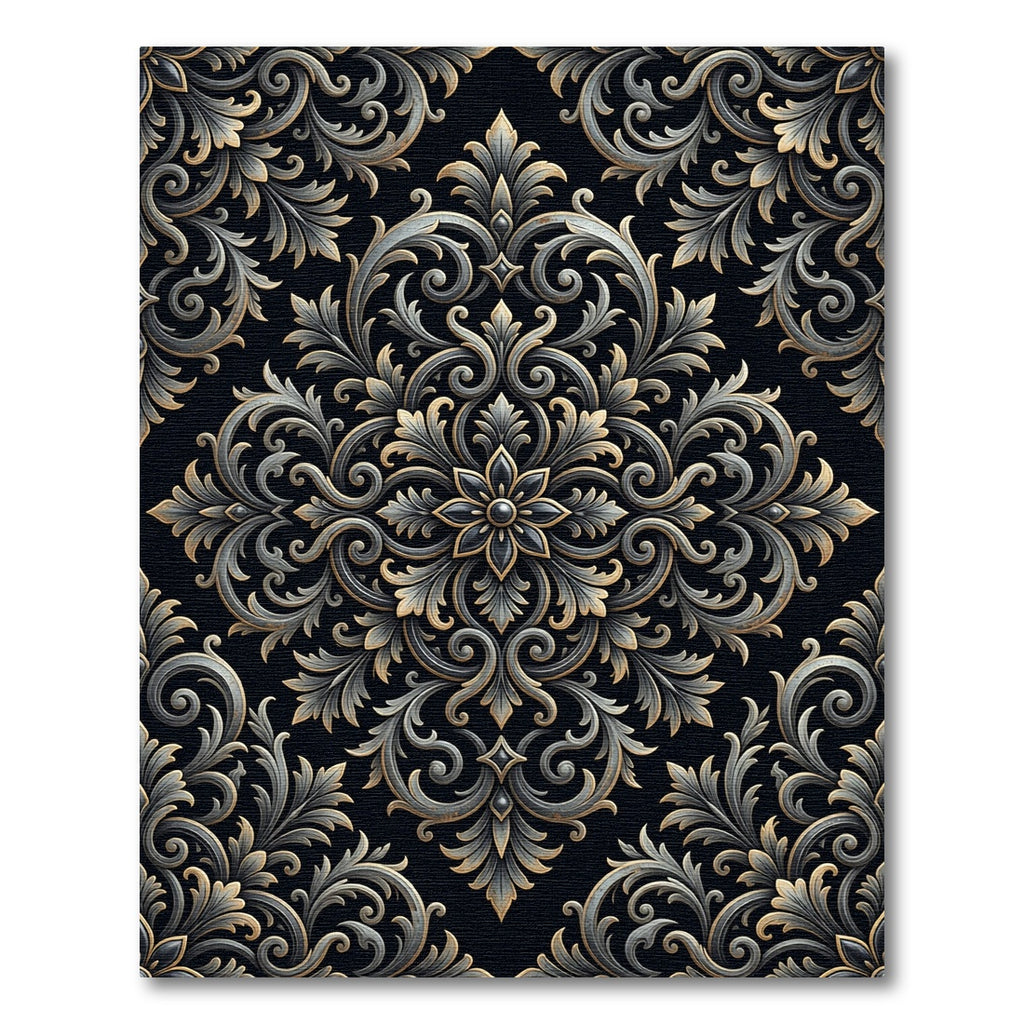 Baroque Charcoal Gold Ornate Scrollwork Rug