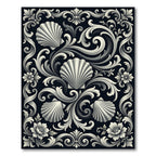 Elegant Monochrome Baroque Shell Scroll Rug