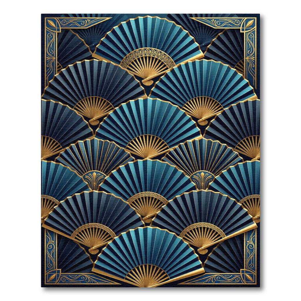 Art Deco Blue Gold Fan Ensemble Rug