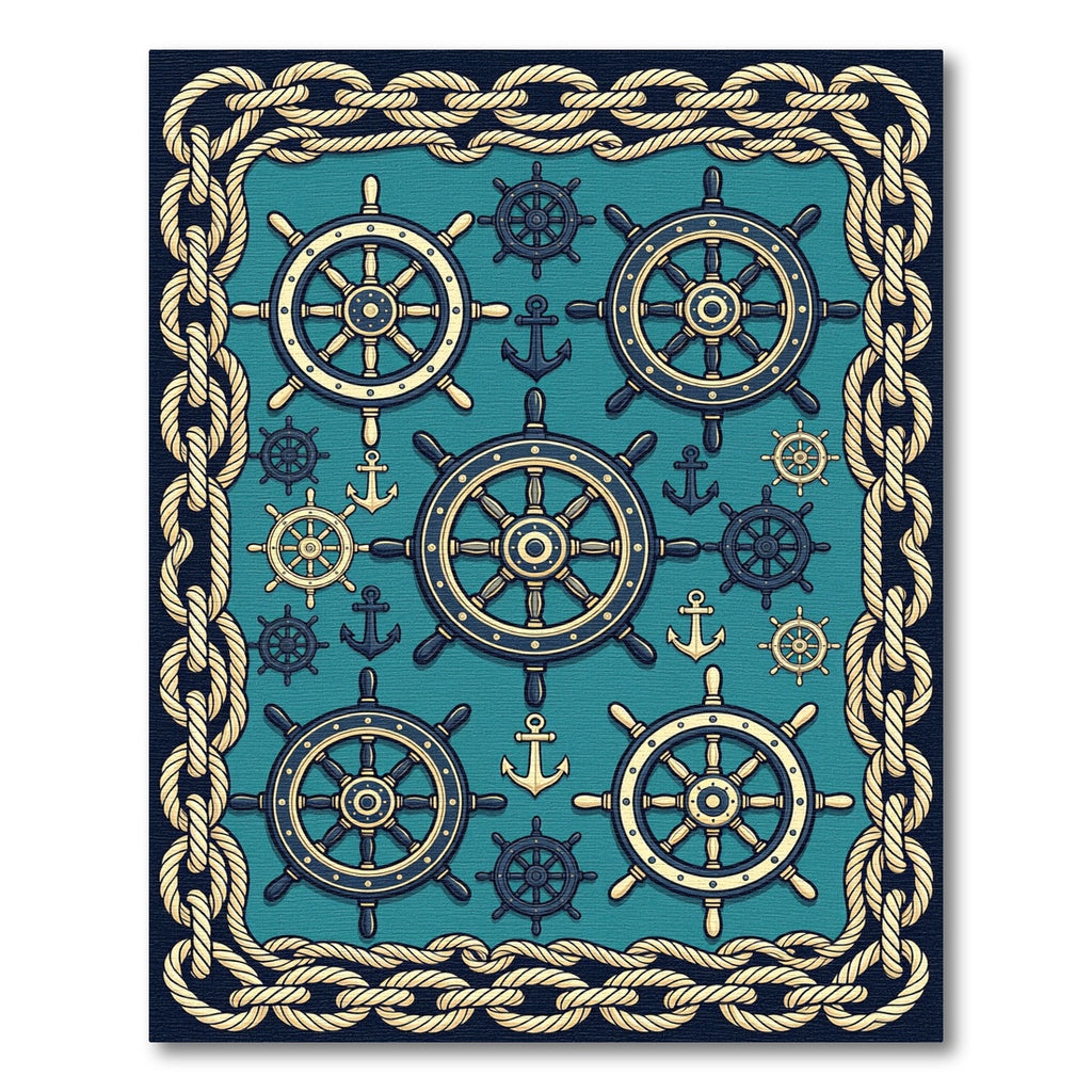 Nautical Ship Wheels Anchors Coastal Tapestry Rug