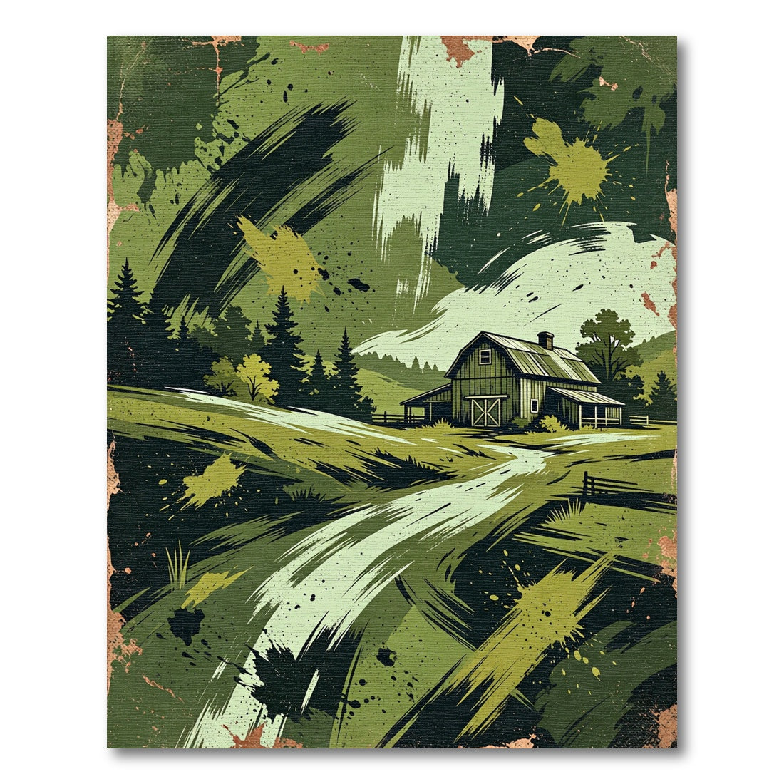 Abstract Green Rustic Farmhouse Meadow Rug