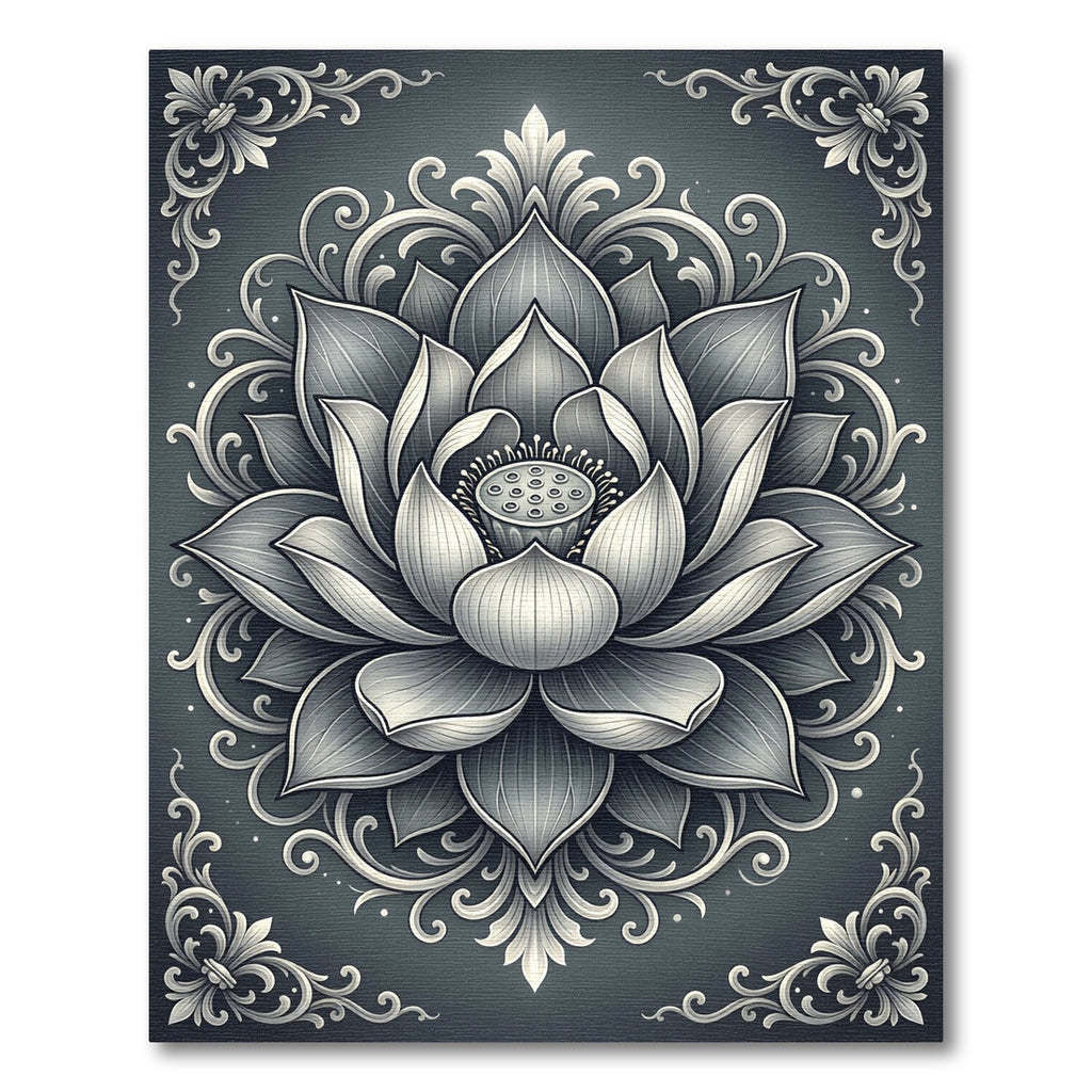Elegant Charcoal Silver Lotus Medallion Rug