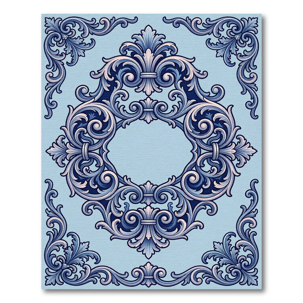 Ornate Blue Fleur De Lis Scroll Rug