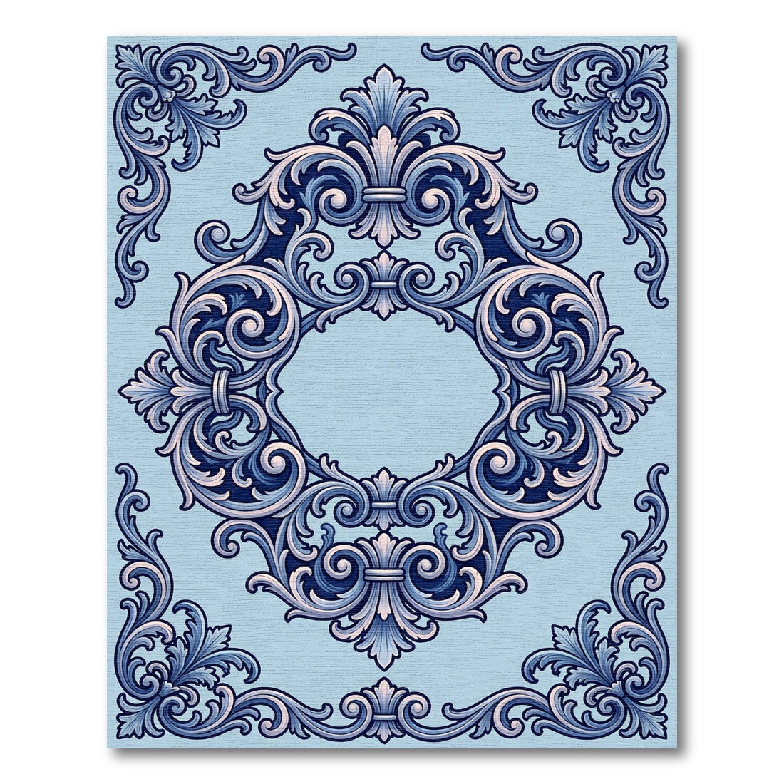 Ornate Blue Fleur De Lis Scroll Rug