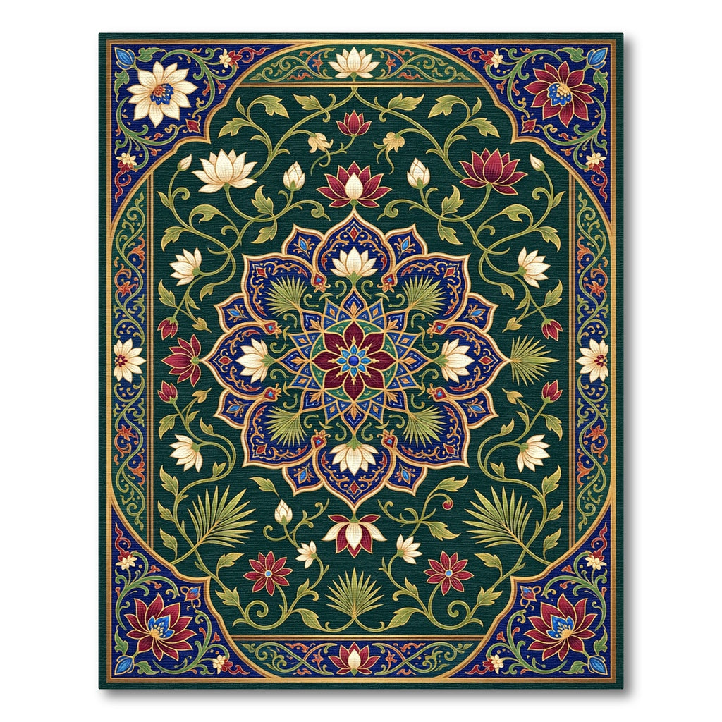 Emerald Lotus Mandala Floral Medallion Rug