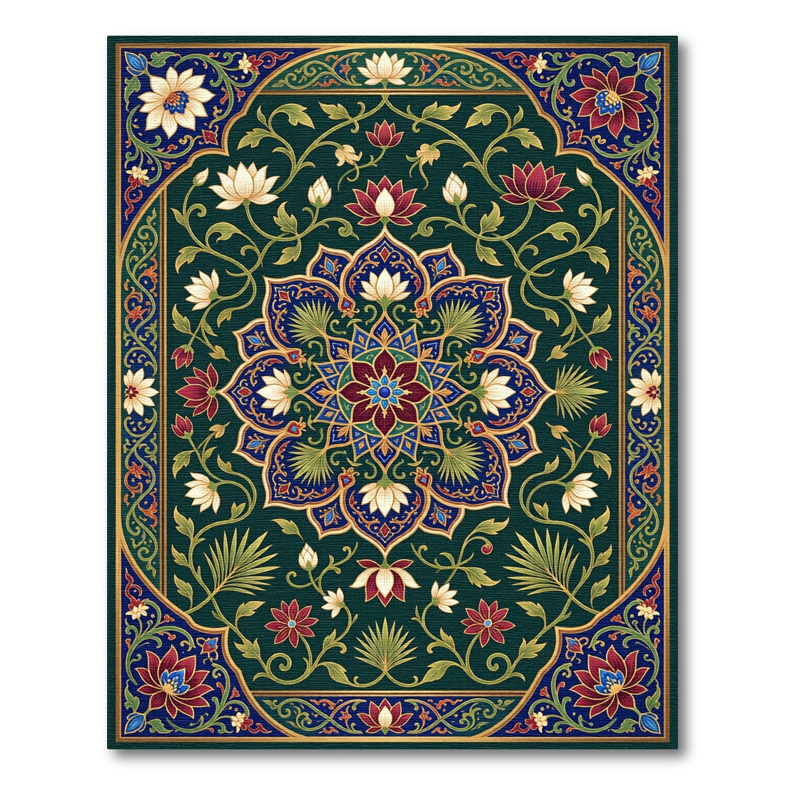 Emerald Lotus Mandala Floral Medallion Rug