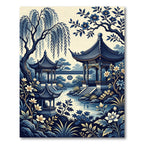 Indigo Willow Pagoda Chinoiserie Garden Rug