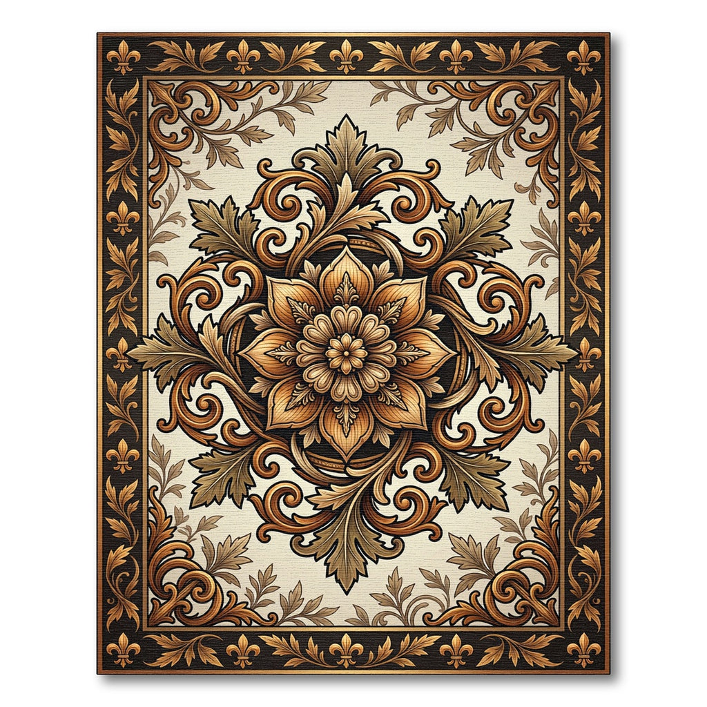 Elegant Gold Filigree Floral Acanthus Medallion Rug