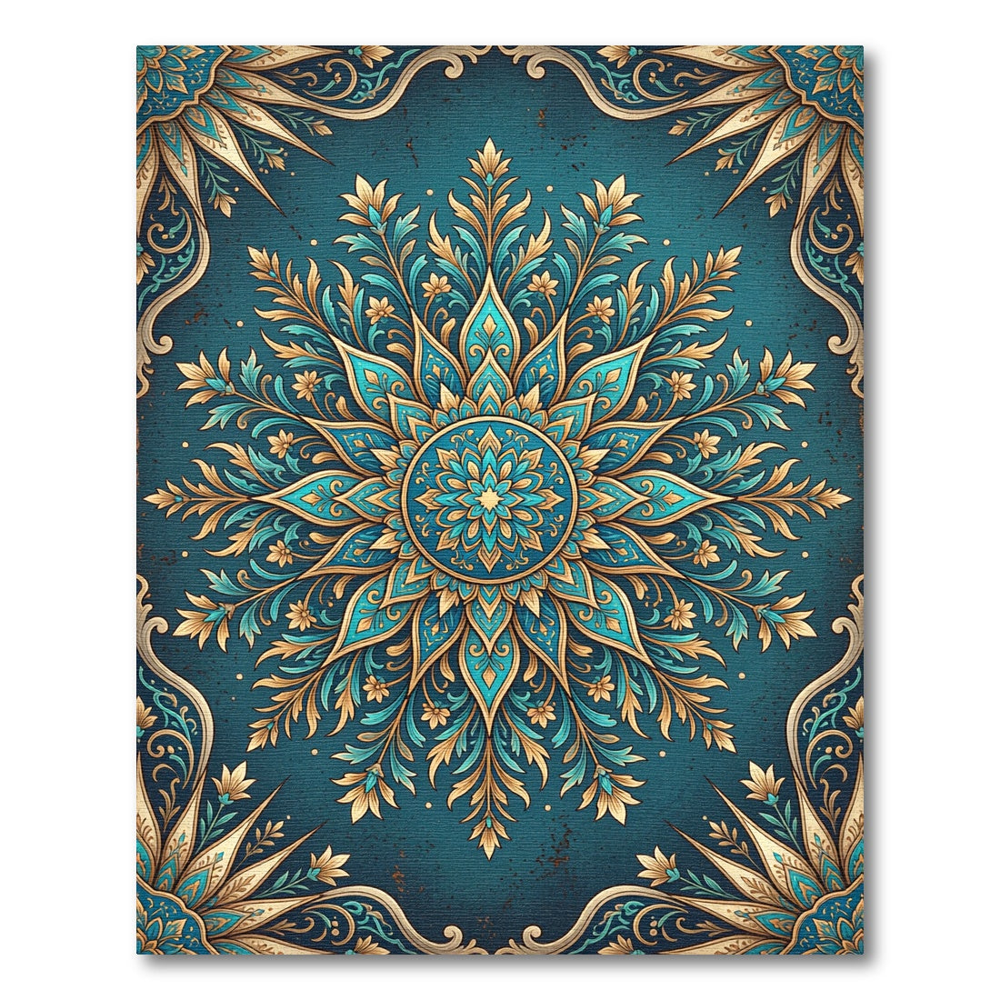Teal and Gold Floral Filigree Medallion Rug
