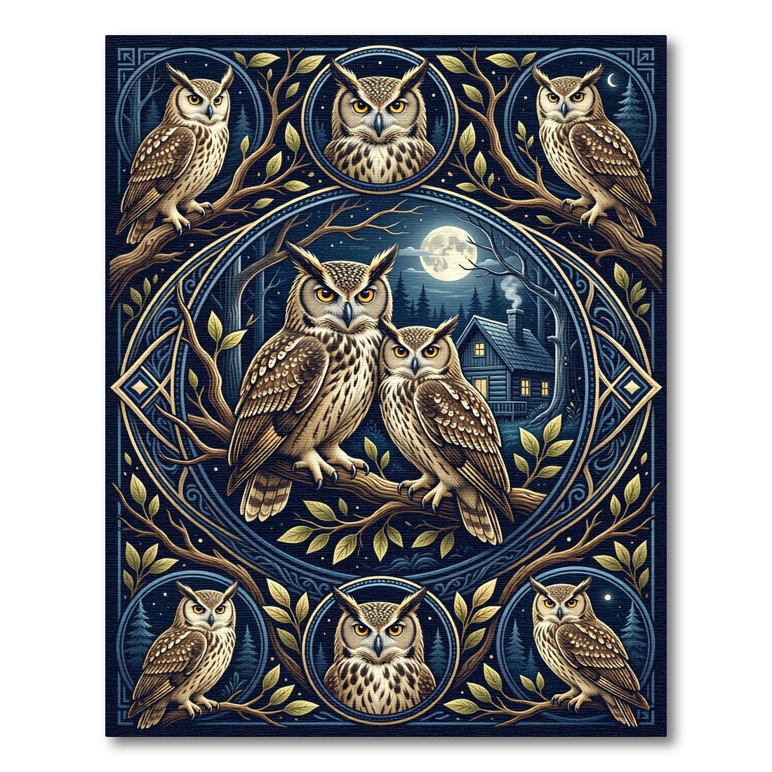 Midnight Blue Forest Owl Medallion Rug