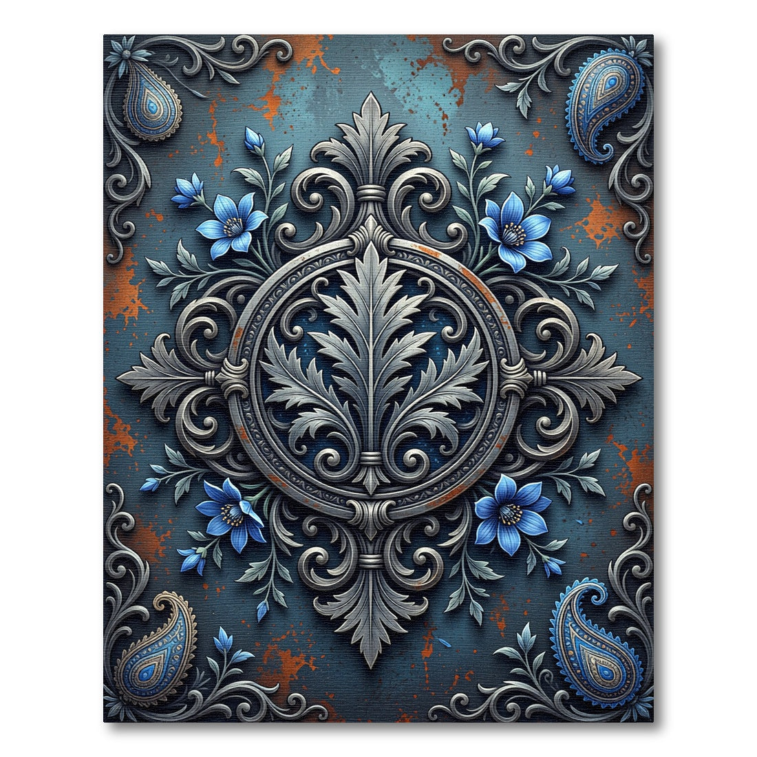Ethereal Silver Floral Medallion Blue Rust Rug