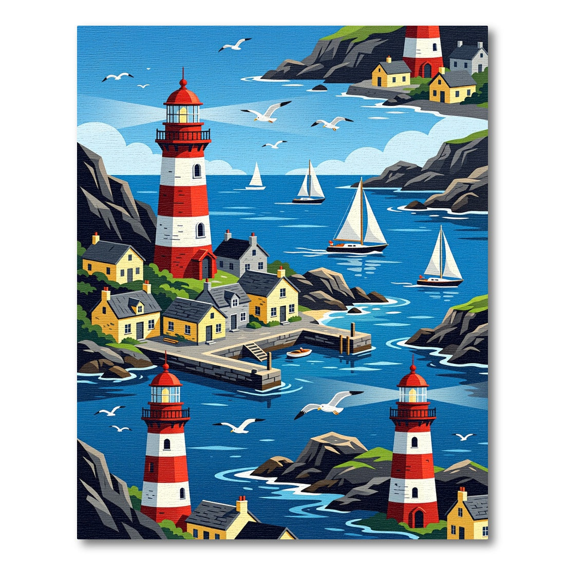 Coastal Village Red White Lighthouses Yachts Rug