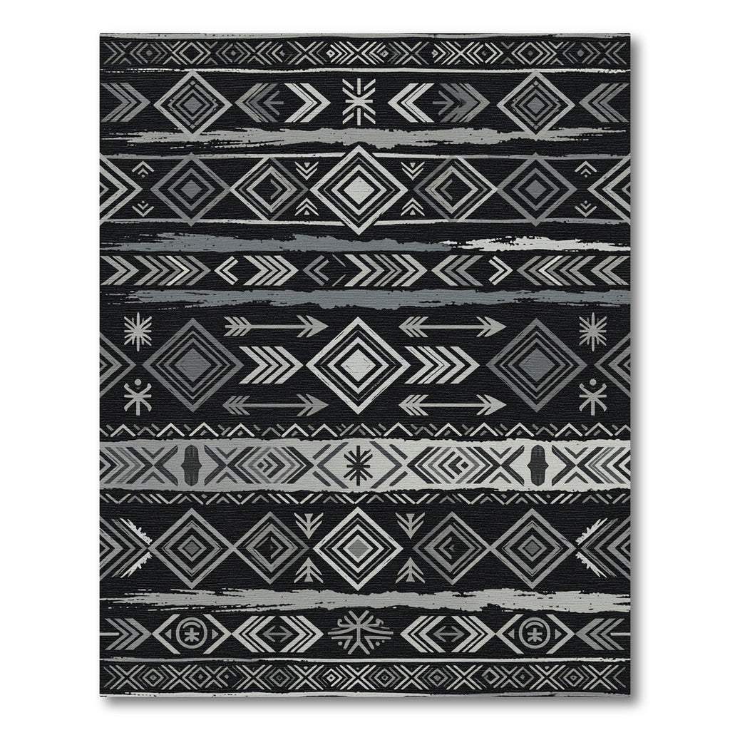 Silver Black Tribal Diamond Stripe Rug