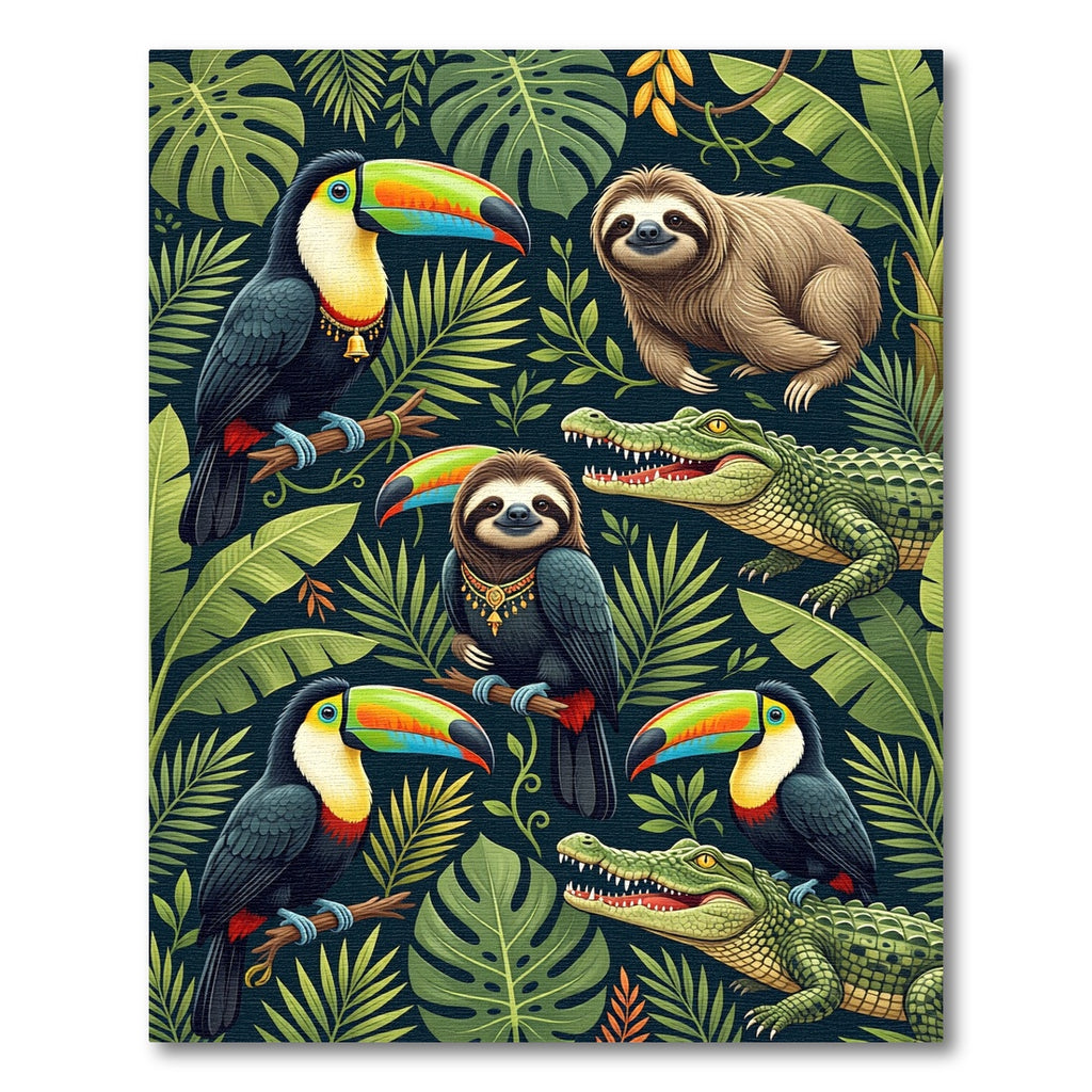 Vibrant Jungle Toucan Sloth Crocodile Foliage Rug