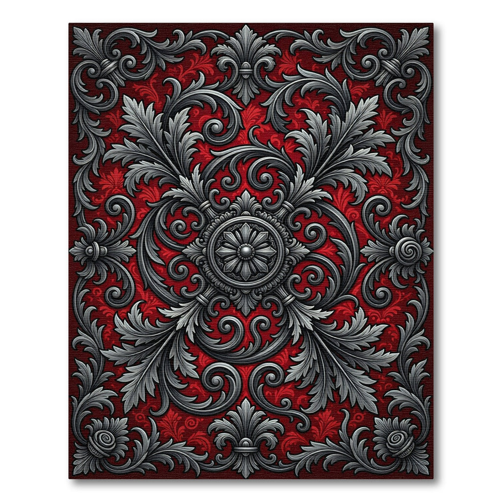 Gothic Crimson Silver Filigree Medallion Rug